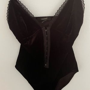 Forever 21 Black Lace Trim Velvet Adjustable Body Suit - Size Medium